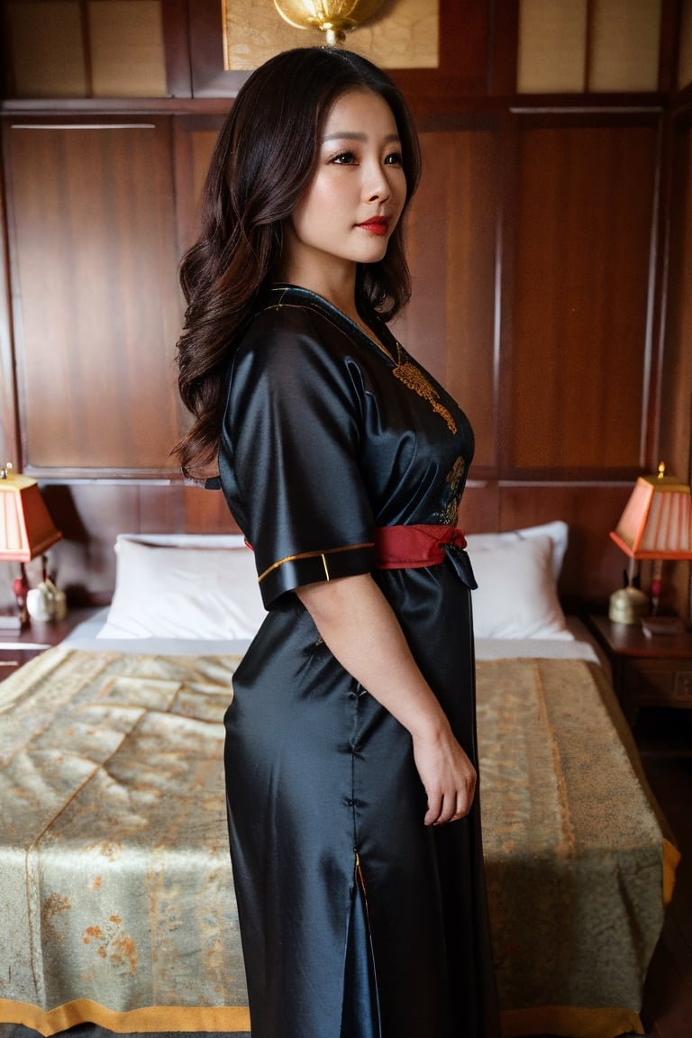 (ultrarealistic, ultradetailed:1.2), side profile, half body shot, a woman, chinese, beautiful, (hourglass body, curvy, shapely), large round brown eyes, full red lips, seductive smile, long wavy hair, ((black hair)), ((looking at camera, standing, at traditional bedroom, ancient, qing dynasty)), ((wearing plain simple sleepwear, inner clothes, traditional clothes)), ((barefoot)), long shot, cinematic, dramatic lighting, soft lighting, visible skin details, highly detailed skin, realistic skin texture, (photorealistic, 32K UHD resolution, high quality, masterpiece, best quality, maximum detailed photo:1.2)