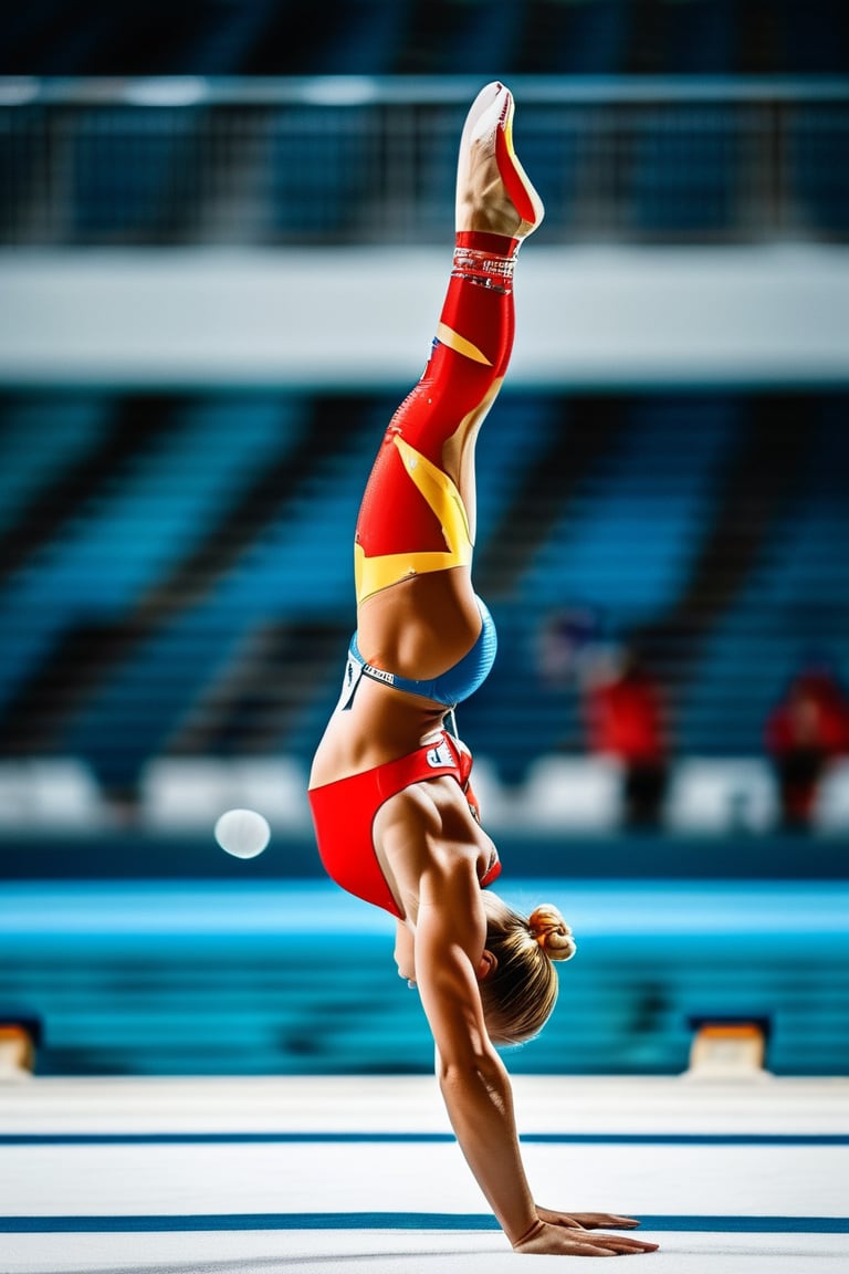 Photography of a female diver Olympic athletes at the Paris Olympic 2024. Standing at the diving board getting ready emotionally and physically before making the world record breaking diving jump. The athlete has hourglass figure with slightly hunky body. 