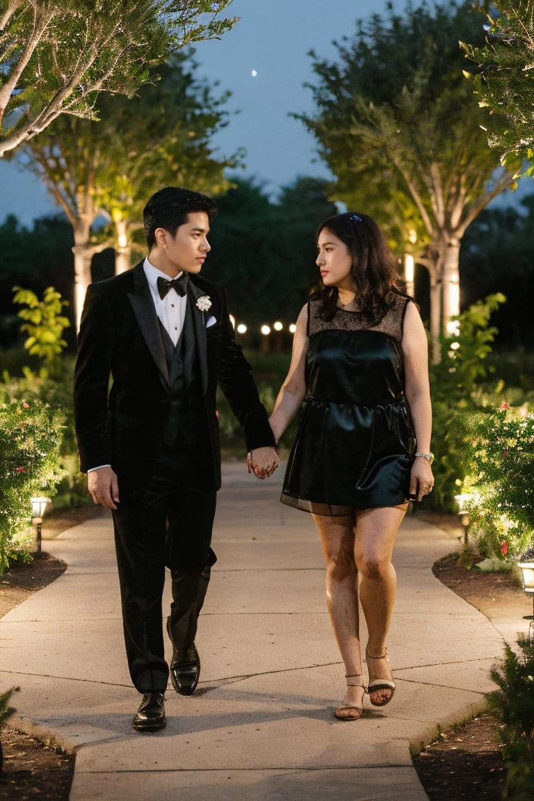 a young man and an aged woman are walking together at garden trail. They are holding hands, looking into each other’s eyes and about to kiss. The man is tall and wearing tuxedo. The woman is pretty, sexy and wearing mini dress. The scene is nighttime with full moon, moonlight, starry night and the garden filled with starflowers.