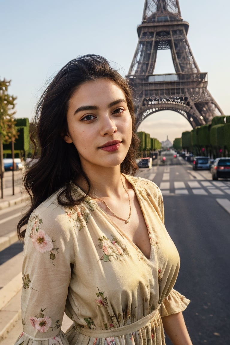 candid shot, wide shot, long shot, full body, a woman, beautiful, curvy, love handles, medium wavy hair, detailed eyes, detailed lips, seductive smile, detailedface, big breast, cleavage, (little floral print sundress), high heels, (walking on city street, paris, eiffel tower, cafe, buildings), (ultrarealistic, ultradetailed), 32K UHD resolution, (visible skin details, highly detailed skin, realistic clothing deformation, natural material texture, material's natural reflection, clothing specularity, diffuse reflection), (soft lighting, sunsent, golden hour lighting), path tracing, Physically Based Rendering, Principled BSDF, (high quality, masterpiece, best quality, maximum detailed photo)