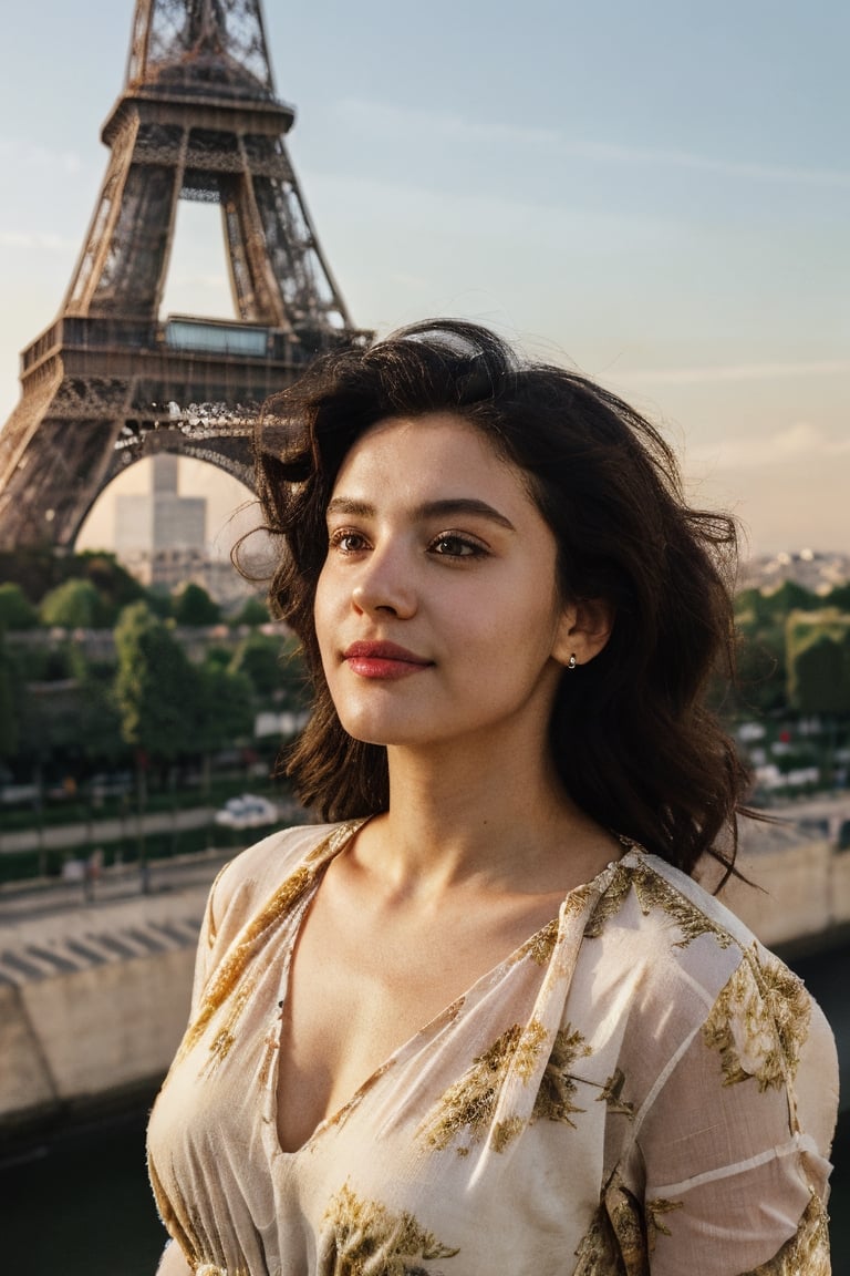 (ultrarealistic, ultradetailed), a woman, beautiful, curvy, love handles, medium wavy hair, detailed eyes, detailed lips, seductive smile, detailedface, big breast, cleavage, (little floral print sundress), high heels, (walking on city street, paris, eiffel tower, cafe, buildings)1.1, 32K UHD resolution, long shot, (visible skin details, highly detailed skin, realistic clothing deformation, natural material texture, material's natural reflection, clothing specularity, diffuse reflection), ((soft lighting, sunsent, golden hour lighting)), path tracing, Physically Based Rendering, Principled BSDF, (high quality, masterpiece, best quality, maximum detailed photo)