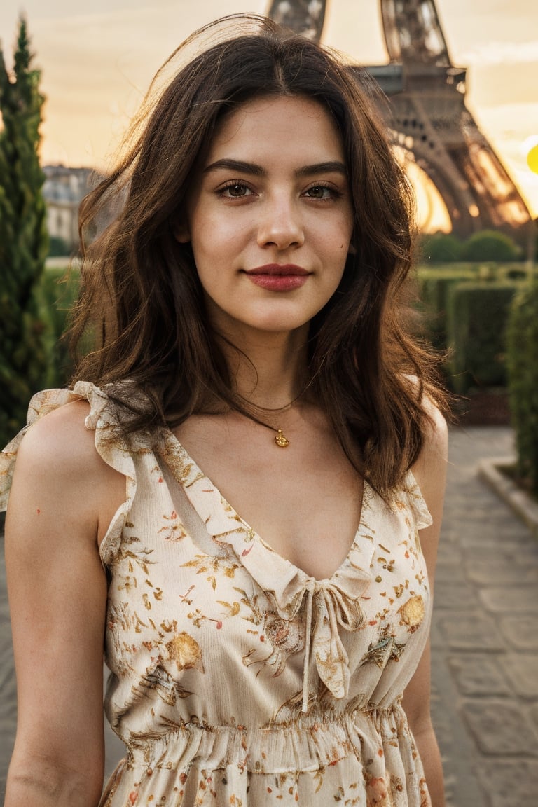 (ultrarealistic, ultradetailed), an aged woman, beautiful, curvy, love handles, medium wavy hair, detailed eyes, detailed lips, seductive smile, detailedface, cleavage, ((little floral print sundress)), (walking on city street, paris, eiffel tower, cafe, garden, buildings)1.1, 32K UHD resolution, long shot, (visible skin details, highly detailed skin, realistic clothing deformation, natural material texture, material's natural reflection, clothing specularity, diffuse reflection), ((soft lighting, sunsent, golden hour lighting)), path tracing, Physically Based Rendering, Principled BSDF, (high quality, masterpiece, best quality, maximum detailed photo)