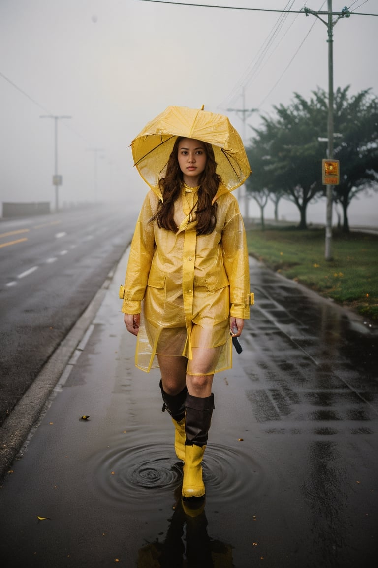 a beautiful woman, long red hair, ((in a yellow raincoat)), 40yo, boots, walking in a raining street, Mystical, Mysterious, Ethereal, Dim lights in the street, Hazy background, puddles, rain, fog, low key, (chiaroscuro lighting), closeup, depth of field, BREAK rule of thirds, perfect composition, impressionism, aesthetic minimalism, (by Karol Bak, Alessandro Pautasso and Hayao Miyazaki), 