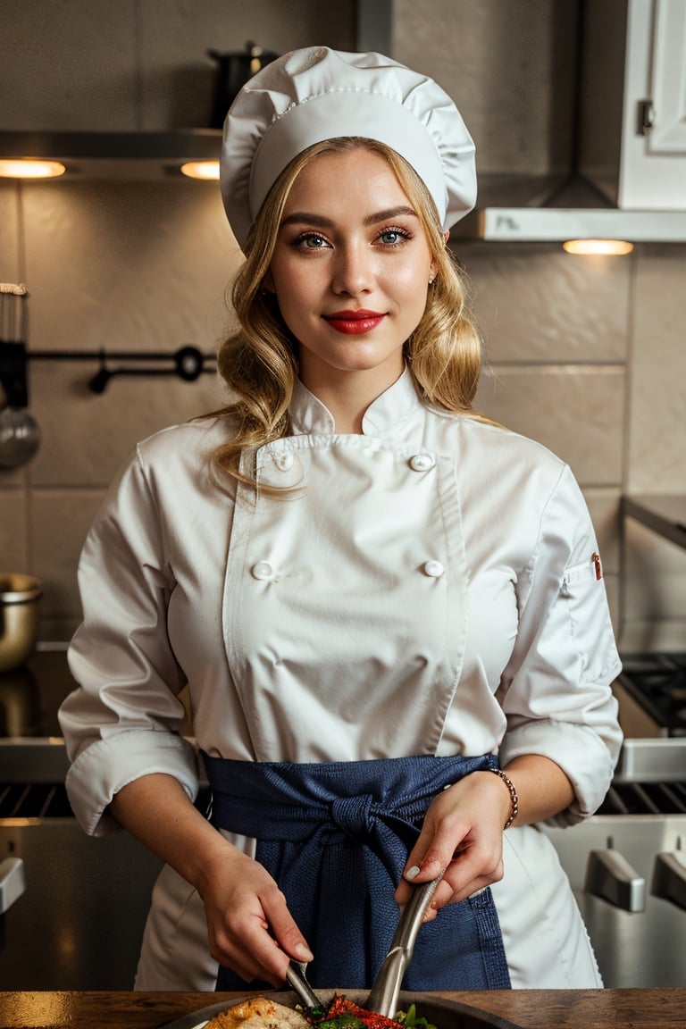 (ultrarealistic, ultradetailed:1.2), ((an blonde woman, beautiful)), chef, (petite, hourglass body, shapely, big breasts), ((medium straight sleek hair, high ponytail)), ((detailed expressive eyes)), full red lips, seductive smile, ((nerdy look)), ((wearing chef coat, toque, apron, pants)), (shoe), ((looking at viewer, dynamic pose, kitchen, restaurant, cooking equipment, workstation)), analog film, 35mm film, Canon EOS 1V, 50mm lens, (cinematic, surreal dramatic lighting, soft lighting), visible skin details, highly detailed skin, realistic skin texture, creases, wrinkles, fine lines, (photorealistic, 32K UHD resolution, high quality, masterpiece, best quality, maximum detailed photo:1.2), (realistic clothing deformation, natural material texture, material's natural reflection, clothing specularity, diffuse reflection), 