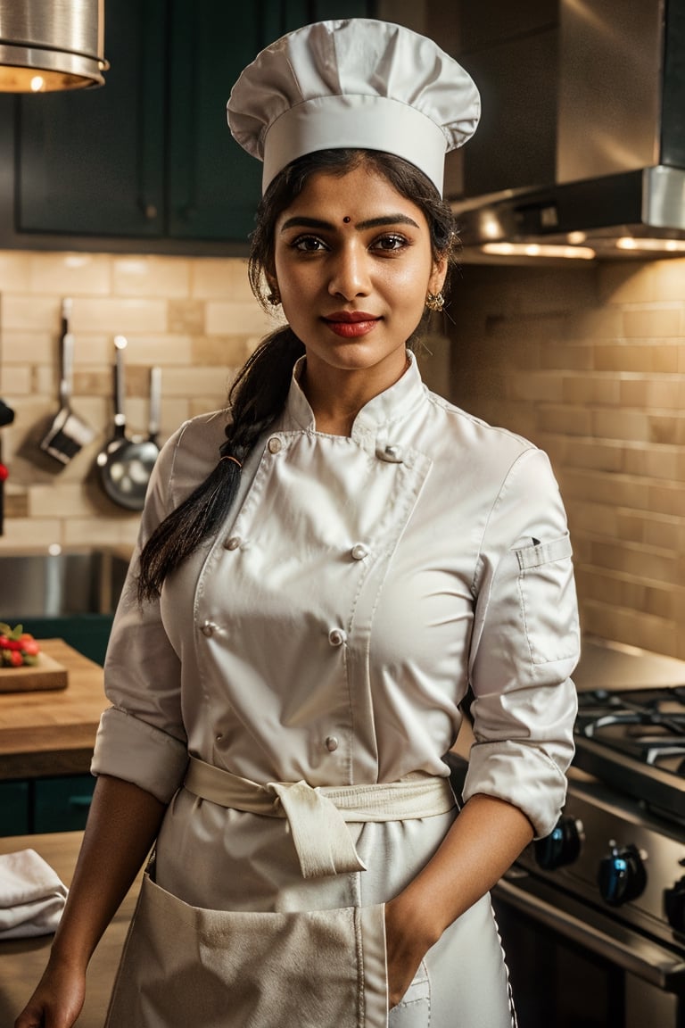 (ultrarealistic, ultradetailed:1.2), ((an indian woman, beautiful)), chef, (petite, hourglass body, shapely, big breasts), ((medium straight sleek hair, high ponytail)), ((detailed expressive eyes)), full red lips, seductive smile, ((wearing chef coat, chef hat, apron, pants)), (shoe), ((looking at viewer, dynamic pose, kitchen, restaurant, cooking equipment, workstation)), analog film, 35mm film, Canon EOS 1V, 50mm lens, (cinematic, surreal dramatic lighting, soft lighting), visible skin details, highly detailed skin, realistic skin texture, creases, wrinkles, fine lines, (photorealistic, 32K UHD resolution, high quality, masterpiece, best quality, maximum detailed photo:1.2), (realistic clothing deformation, natural material texture, material's natural reflection, clothing specularity, diffuse reflection), 