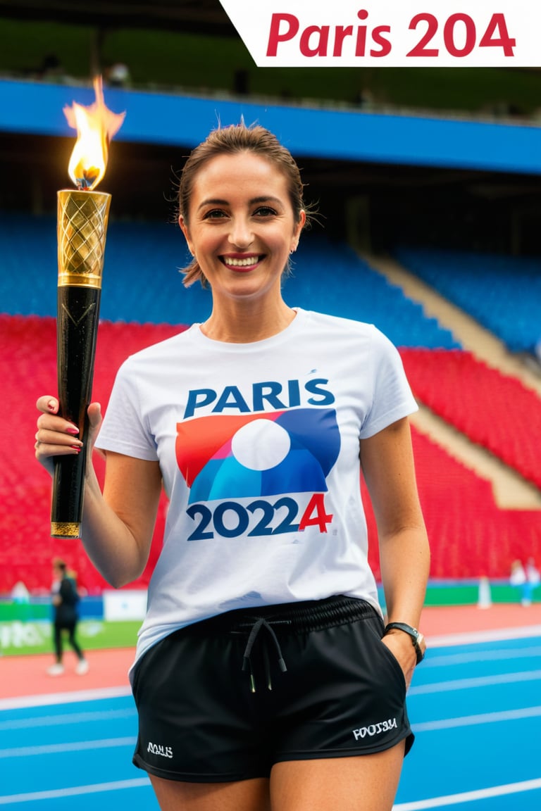 Masterpiece, Top Quality, Aesthetic, 1 woman  Top Quality Image, A beautiful matured smiling woman, wearing a white T-shirt (((with the text "PARIS 2024"))) and black sports shorts, is standing holding the Olympic torch in a crowded sports stadium.,flat style,Text