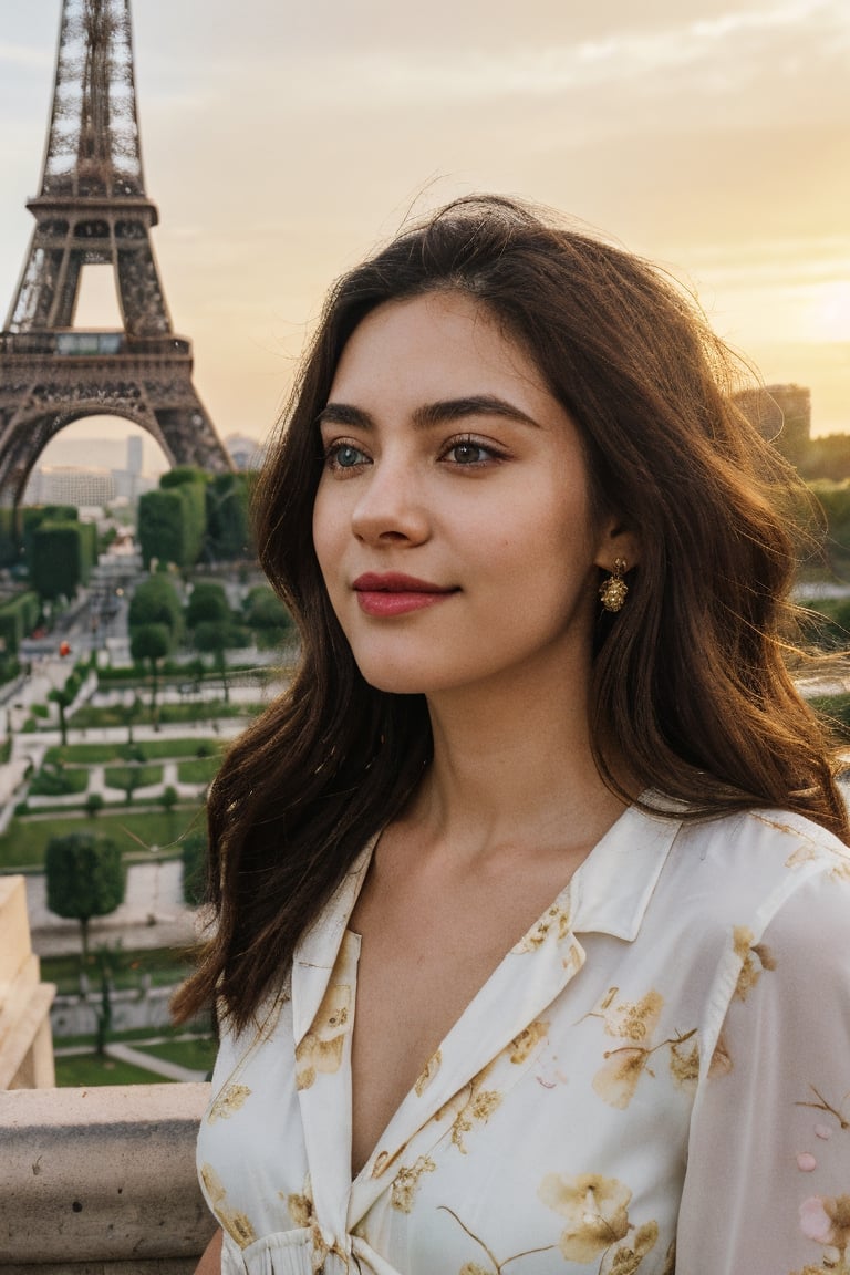 (ultrarealistic, ultradetailed), candid shot, a woman, beautiful, curvy, love handles, medium wavy hair, detailed eyes, detailed lips, seductive smile, detailedface, big breast, cleavage, (little floral print sundress), high heels, (walking on city street, paris, eiffel tower, cafe, buildings)1.1, 32K UHD resolution, long shot, (visible skin details, highly detailed skin, realistic clothing deformation, natural material texture, material's natural reflection, clothing specularity, diffuse reflection), (soft lighting, sunsent, golden hour lighting), path tracing, Physically Based Rendering, Principled BSDF, (high quality, masterpiece, best quality, maximum detailed photo)