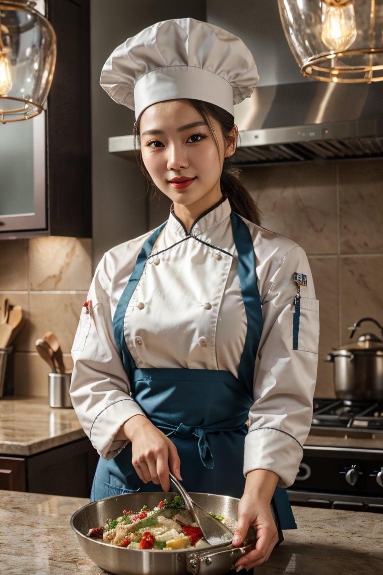 (ultrarealistic, ultradetailed:1.2), ((a chinese woman, beautiful)), chef, (petite, hourglass body, shapely, big breasts), ((medium straight sleek hair, high ponytail)), ((detailed expressive eyes)), full red lips, seductive smile, ((wearing chef coat, chef hat, apron, pants)), (shoe), ((looking at viewer, dynamic pose, kitchen, restaurant, cooking equipment, workstation)), analog film, 35mm film, Canon EOS 1V, 50mm lens, (cinematic, surreal dramatic lighting, soft lighting), visible skin details, highly detailed skin, realistic skin texture, creases, wrinkles, fine lines, (photorealistic, 32K UHD resolution, high quality, masterpiece, best quality, maximum detailed photo:1.2), (realistic clothing deformation, natural material texture, material's natural reflection, clothing specularity, diffuse reflection), 