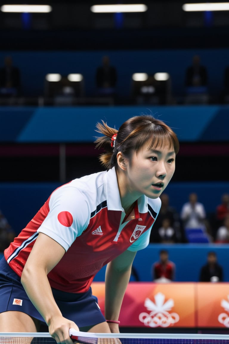 A stunning scene of the 2024 Olympic table tennis competition, featuring Japan's table tennis angel. She is in the middle of an intense match, her eyes focused and her posture perfect. She wears a stylish Japanese team uniform with the national flag prominently displayed. The background shows a modern Olympic arena filled with excited spectators, many waving Japanese flags and cheering her on. The Olympic rings are visible in the background, and the atmosphere is electric with anticipation and national pride. The lighting highlights her swift movements and concentrated expression as she prepares to return a serve.,Extremely Realistic