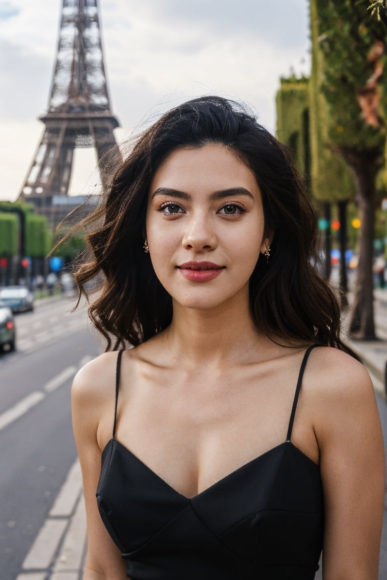 candid shot, full body view, a woman, beautiful, curvy, love handles, medium wavy hair, detailed eyes, detailed lips, seductive smile, detailedface, big breast, cleavage, (little black dress), high heels, (walking on city street, paris, eiffel tower, cafe, buildings), looking at viewer, (ultrarealistic, ultradetailed), 32K UHD resolution, (visible skin details, highly detailed skin, realistic clothing deformation, natural material texture, material's natural reflection, clothing specularity, diffuse reflection), (soft lighting), path tracing, Physically Based Rendering, Principled BSDF, (high quality, masterpiece, best quality, maximum detailed photo)