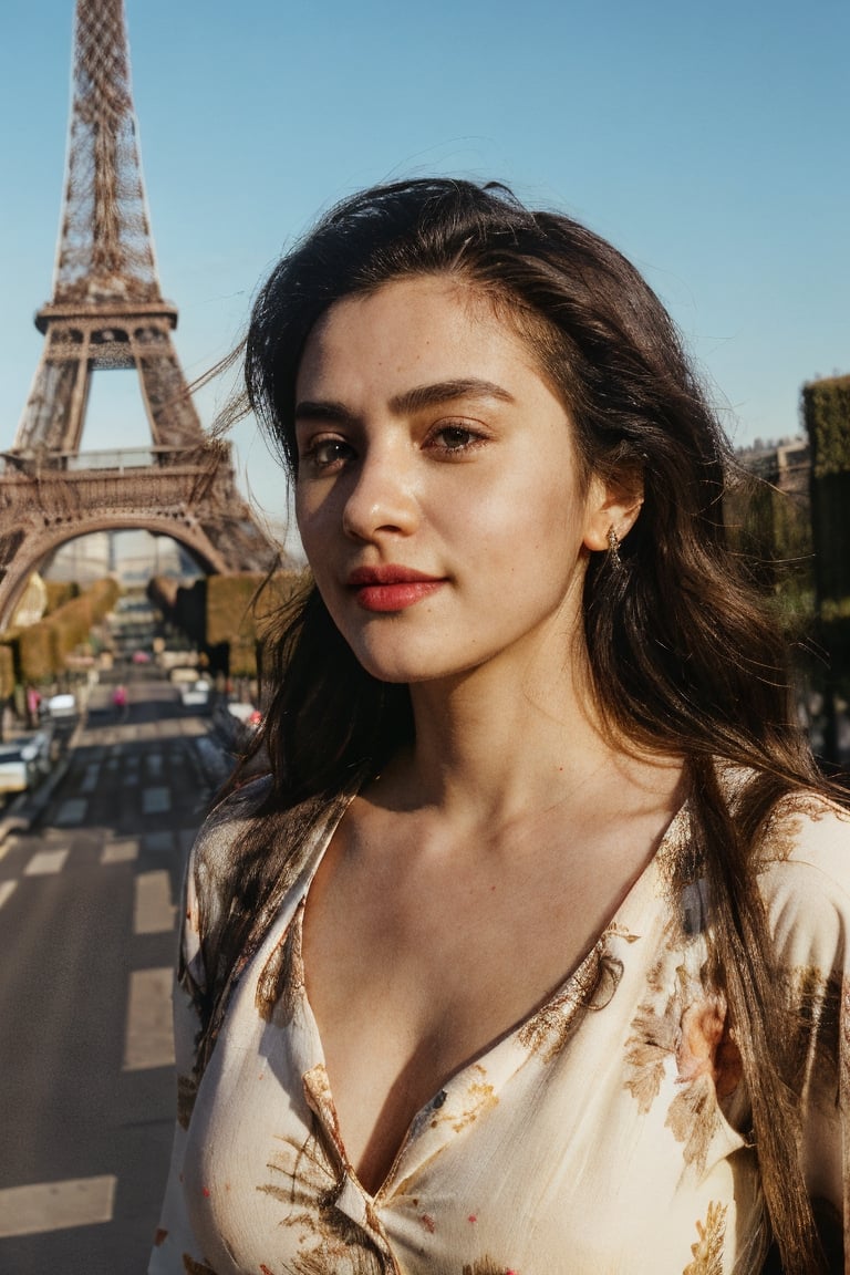 (ultrarealistic, ultradetailed), candid shot, a woman, beautiful, curvy, love handles, medium wavy hair, detailed eyes, detailed lips, seductive smile, detailedface, big breast, cleavage, (little floral print sundress), high heels, (walking on city street, paris, eiffel tower, cafe, buildings)1.1, 32K UHD resolution, long shot, (visible skin details, highly detailed skin, realistic clothing deformation, natural material texture, material's natural reflection, clothing specularity, diffuse reflection), (soft lighting, sunsent, golden hour lighting), path tracing, Physically Based Rendering, Principled BSDF, (high quality, masterpiece, best quality, maximum detailed photo)