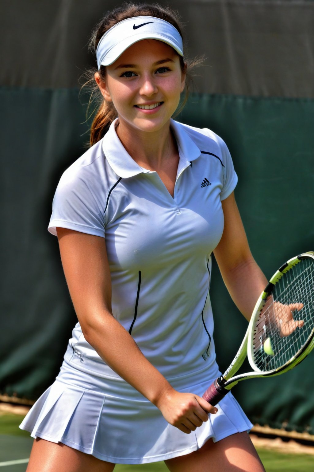 Masterpiece, highest quality image, a girl with a small smile, playing tennis, masterpiece, hdr, high resolution, best quality, masterpiece, professional, 3d style,cammystretch, stretching,leaning forward