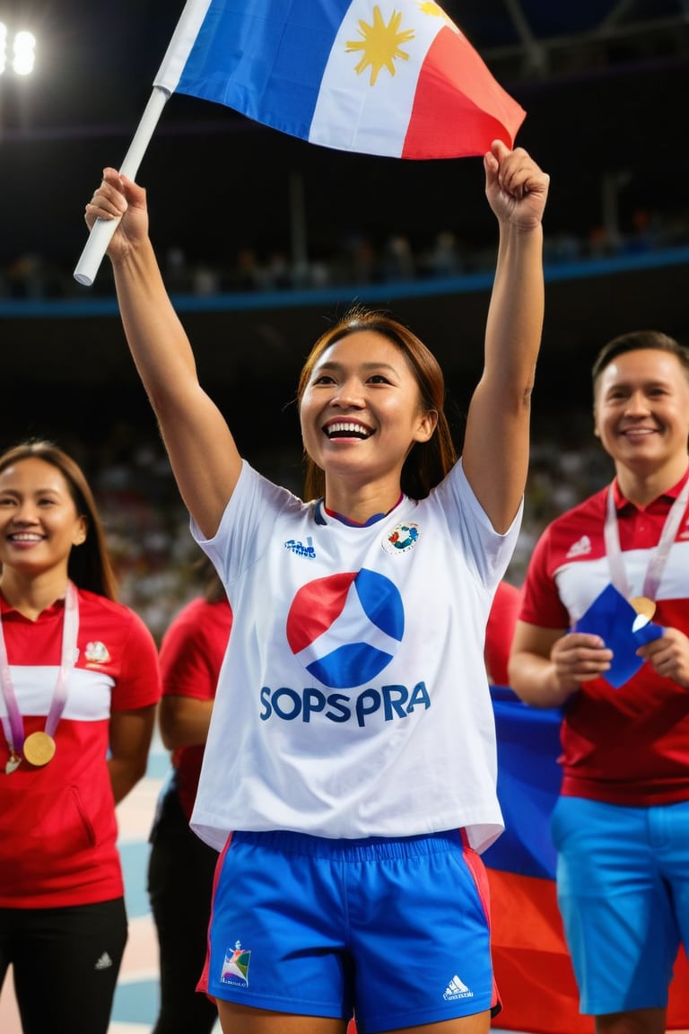 A triumphant female Filipina athlete stands out amidst a sea of athletes in the Olympic stadium's packed seating area, her radiant smile beaming confidence as she holds the Philippine flag aloft. Wearing a white t-shirt and blue and red sport shorts, she shines against the vibrant atmosphere. The "PARIS 2024" text and Philippine flag emblem on her shirt add a pop of color. Her dynamic pose exudes energy, with the iconic Paris Eiffel Tower rising majestically in the background, bathed in warm sunlight.,Sopra,More Reasonable Details,Extremely Realistic