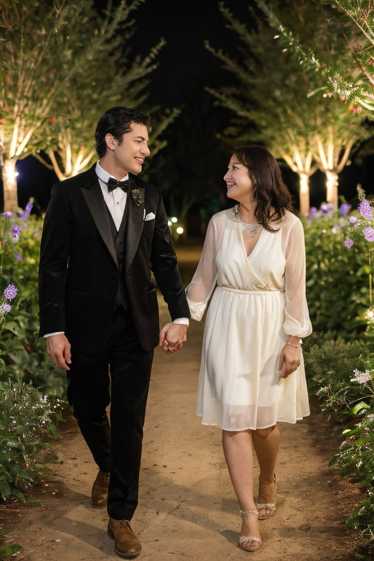 a young man and a middle-aged woman are walking together at garden trail. They are holding hands, looking into each other’s eyes and about to kiss. The man is tall and wearing tuxedo. The woman is pretty, sexy and wearing minidress. The scene is nighttime with full moon, moonlight, starry night and the garden filled with starflowers.