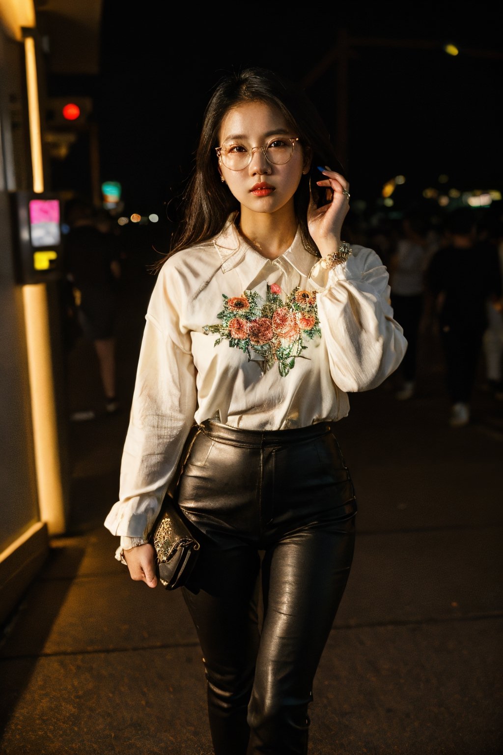 Asian woman, beautiful, round neon glasses, young, hourglass, shapely, curvy, DJ, flower shirt, leather pants, high heels, AirPods, night club, disco, depth of field, neon lights, razor lights 