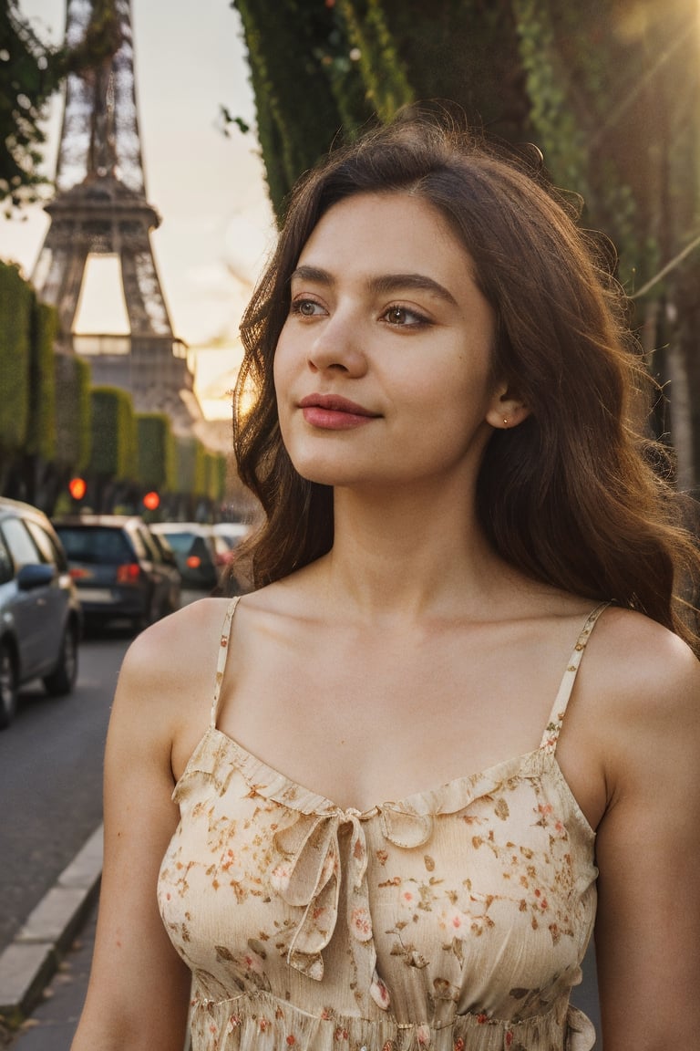 (ultrarealistic, ultradetailed), an aged woman, beautiful, curvy, love handles, medium wavy hair, detailed eyes, detailed lips, seductive smile, detailedface, big breast, cleavage, ((little floral print sundress)), (walking on city street, paris, eiffel tower, cafe, buildings)1.1, 32K UHD resolution, long shot, (visible skin details, highly detailed skin, realistic clothing deformation, natural material texture, material's natural reflection, clothing specularity, diffuse reflection), ((soft lighting, sunsent, golden hour lighting)), path tracing, Physically Based Rendering, Principled BSDF, (high quality, masterpiece, best quality, maximum detailed photo)