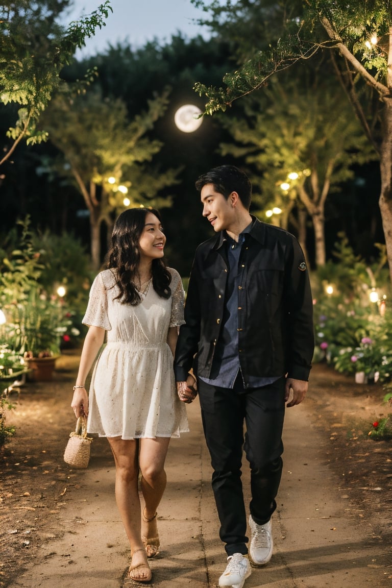 a young man and an aged woman are walking together at garden trail. They are holding hands and about to kiss. The man is tall and wearing casual outfit. The woman is beautiful, curvy and wearing mini dress. The scene is nighttime with full moon, moonlight, starry night and the garden filled with starflowers.