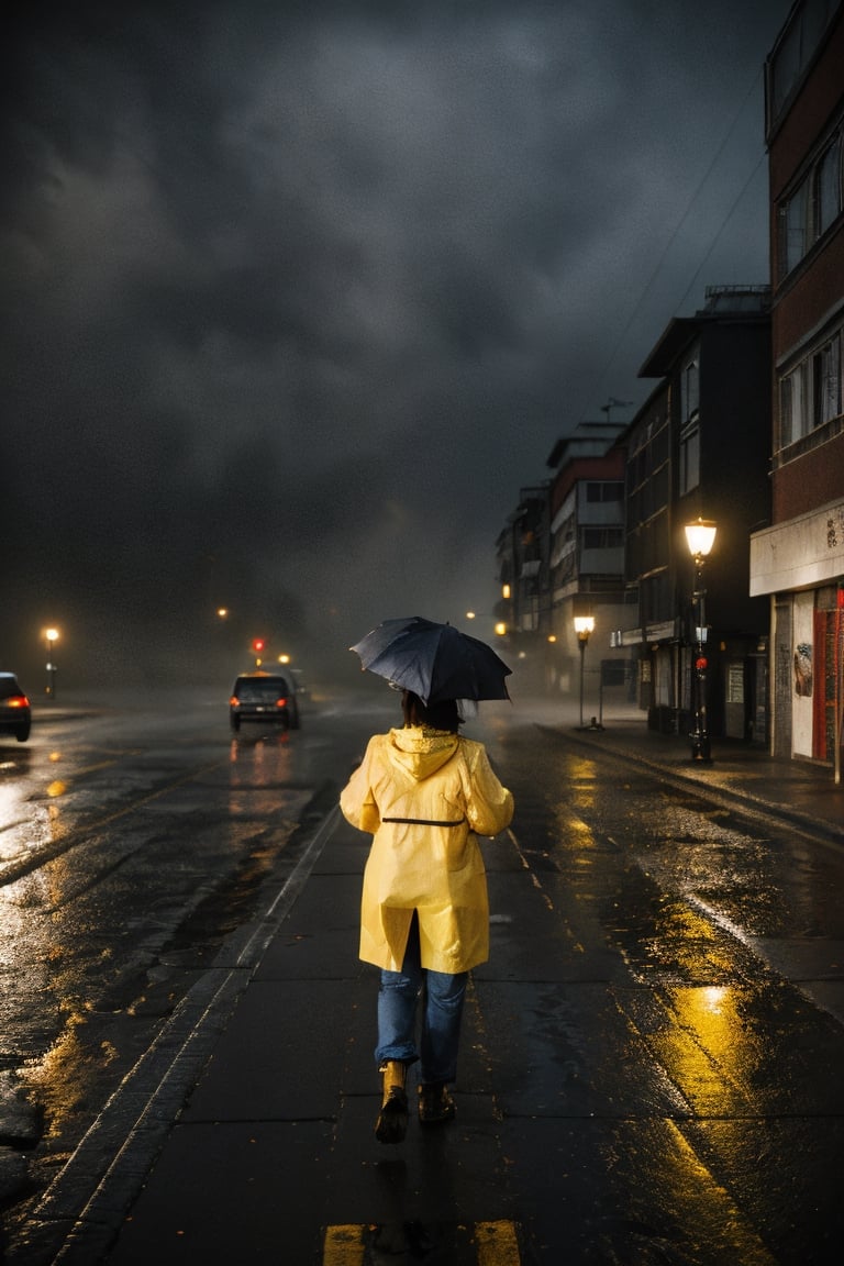 a beautiful woman, long red hair, ((in a yellow raincoat)), 40yo, boots, walking in a raining street, Mystical, Mysterious, Ethereal, Dim lights in the street, Hazy background, puddles, rain, fog, low key, (chiaroscuro lighting), closeup, depth of field, BREAK rule of thirds, perfect composition, impressionism, aesthetic minimalism, (by Karol Bak, Alessandro Pautasso and Hayao Miyazaki), 