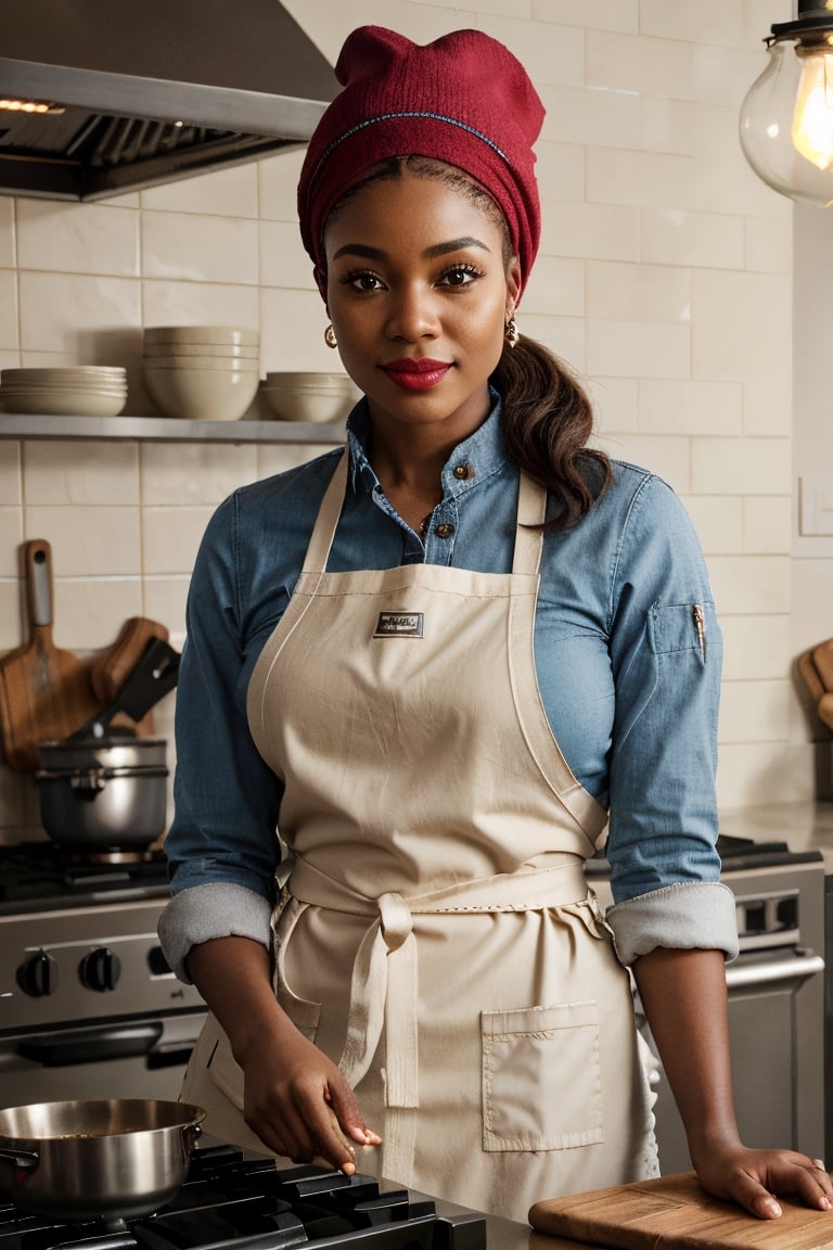 (ultrarealistic, ultradetailed:1.2), ((an African woman, beautiful)), chef, (petite, hourglass body, shapely, big breasts), ((medium straight sleek hair, high ponytail)), ((detailed expressive eyes)), full red lips, seductive smile, ((nerdy look)), ((wearing chef coat, toque, apron, pants)), (shoe), ((looking at viewer, dynamic pose, kitchen, restaurant, cooking equipment, workstation)), analog film, 35mm film, Canon EOS 1V, 50mm lens, (cinematic, surreal dramatic lighting, soft lighting), visible skin details, highly detailed skin, realistic skin texture, creases, wrinkles, fine lines, (photorealistic, 32K UHD resolution, high quality, masterpiece, best quality, maximum detailed photo:1.2), (realistic clothing deformation, natural material texture, material's natural reflection, clothing specularity, diffuse reflection), 