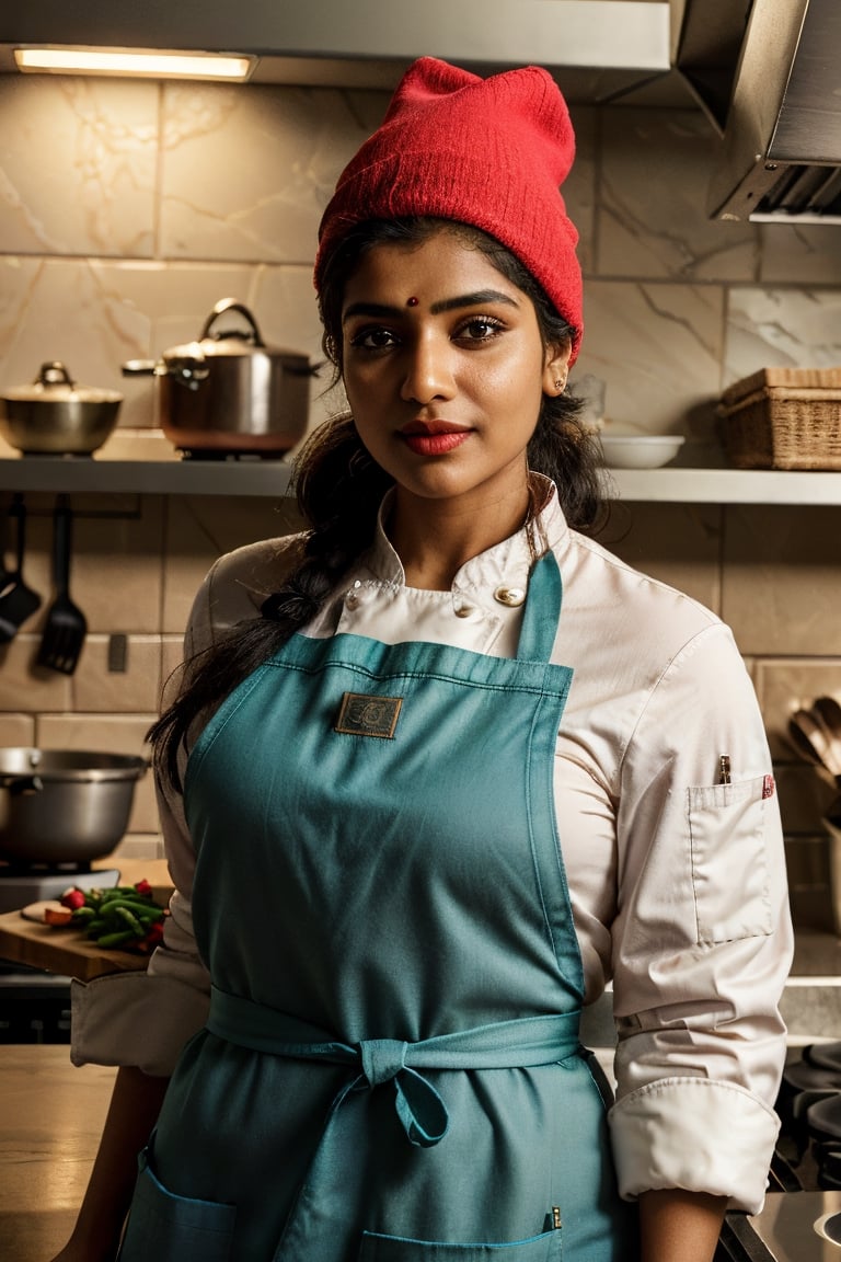 (ultrarealistic, ultradetailed:1.2), ((an indian woman, beautiful)), chef, (petite, hourglass body, shapely, big breasts), ((medium straight sleek hair, high ponytail)), ((detailed expressive eyes)), full red lips, seductive smile, ((nerdy look)), ((wearing chef coat, toque, apron, pants)), (shoe), ((looking at viewer, dynamic pose, kitchen, restaurant, cooking equipment, workstation)), analog film, 35mm film, Canon EOS 1V, 50mm lens, (cinematic, surreal dramatic lighting, soft lighting), visible skin details, highly detailed skin, realistic skin texture, creases, wrinkles, fine lines, (photorealistic, 32K UHD resolution, high quality, masterpiece, best quality, maximum detailed photo:1.2), (realistic clothing deformation, natural material texture, material's natural reflection, clothing specularity, diffuse reflection), 