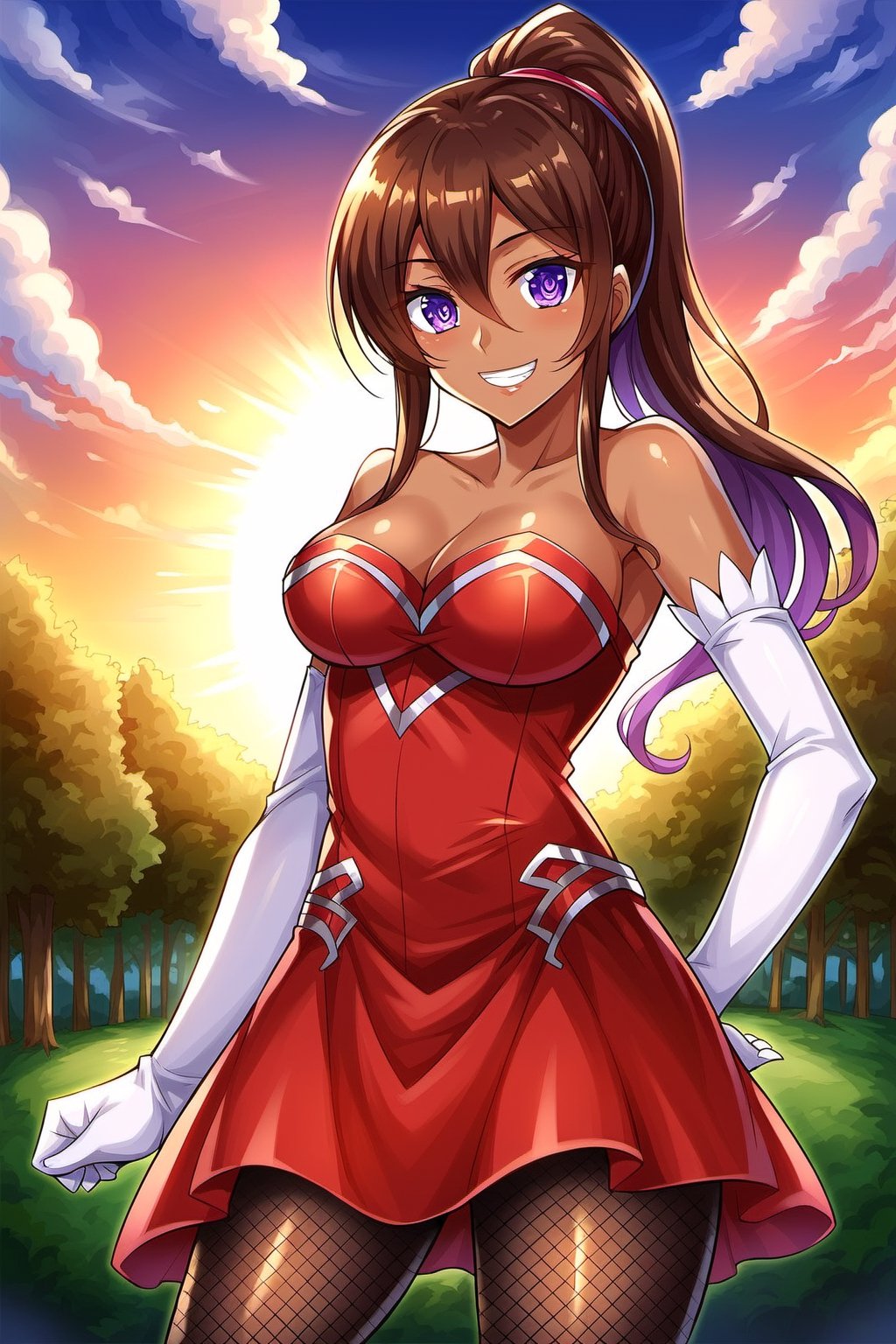 konosubasylvia, , sylvia, long hair, brown hair, hair between eyes, ponytail, red hair, multicolored hair, dark skin, dark-skinned female, (purple eyes:1.1), smile, grin,BREAK gloves, biquine, cleavage, bare shoulders, jewelry, pantyhose, elbow gloves, white gloves, strapless, (red dress:1.5), fishnets,BREAK outdoor, forest, nature, trees, village, sky, sun, clouds,BREAK looking at viewer, (cowboy shot:1.5),BREAK, (masterpiece:1.2), best quality, high resolution, unity 8k wallpaper, (illustration:0.8), (beautiful detailed eyes:1.6), extremely detailed face, perfect lighting, extremely detailed CG, (perfect hands, perfect anatomy),