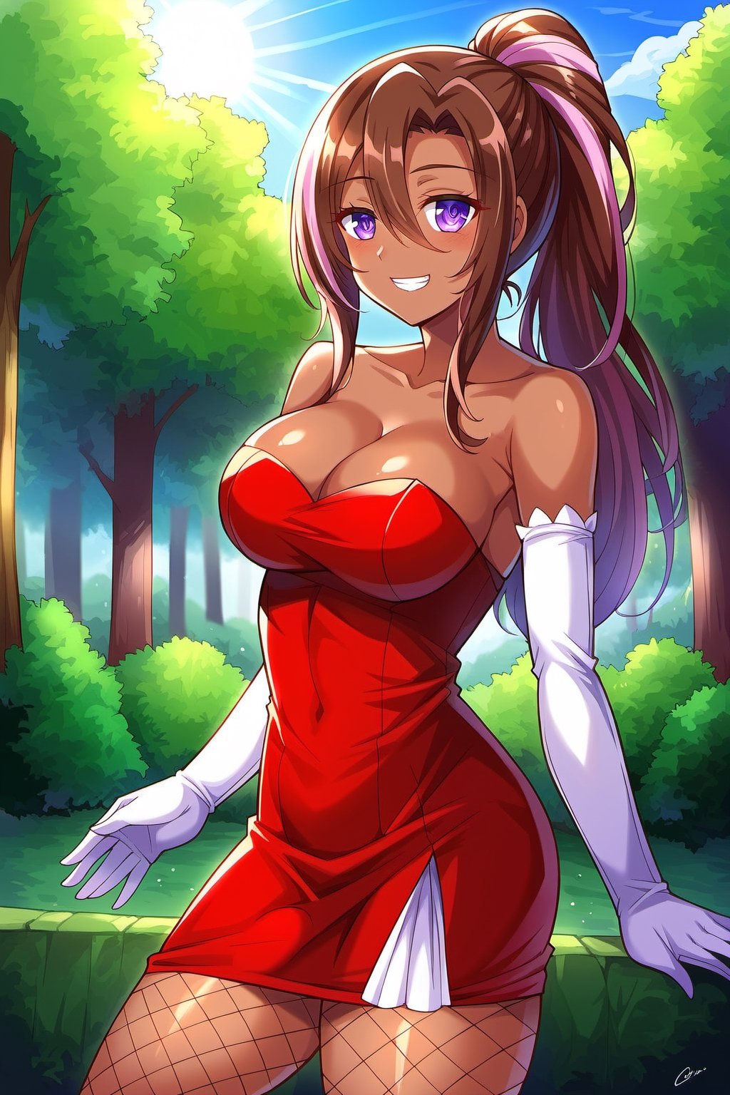 konosubasylvia, , sylvia, long hair, brown hair, hair between eyes, ponytail, red hair, multicolored hair, dark skin, dark-skinned female, (purple eyes:1.1), smile, grin,BREAK gloves, dress, cleavage, bare shoulders, jewelry, pantyhose, elbow gloves, white gloves, strapless, (red dress:1.5), fishnets,BREAK outdoor, forest, nature, trees, village, sky, sun, clouds,BREAK looking at viewer, (cowboy shot:1.5),BREAK, (masterpiece:1.2), best quality, high resolution, unity 8k wallpaper, (illustration:0.8), (beautiful detailed eyes:1.6), extremely detailed face, perfect lighting, extremely detailed CG, (perfect hands, perfect anatomy),Futa, large dick