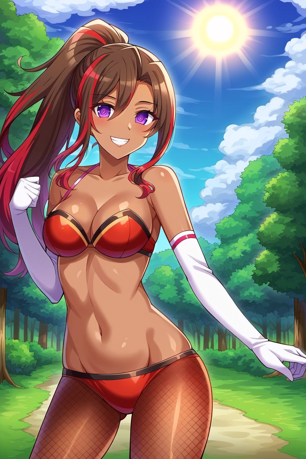 konosubasylvia, , sylvia, long hair, brown hair, hair between eyes, ponytail, red hair, multicolored hair, dark skin, dark-skinned female, (purple eyes:1.1), smile, grin,BREAK gloves, bikini, cleavage, bare shoulders, jewelry, pantyhose, elbow gloves, white gloves, strapless, (red bikini:1.5), fishnets,BREAK outdoor, forest, nature, trees, village, sky, sun, clouds,BREAK looking at viewer, (cowboy shot:1.5),BREAK, (masterpiece:1.2), best quality, high resolution, unity 8k wallpaper, (illustration:0.8), (beautiful detailed eyes:1.6), extremely detailed face, perfect lighting, extremely detailed CG, (perfect hands, perfect anatomy),