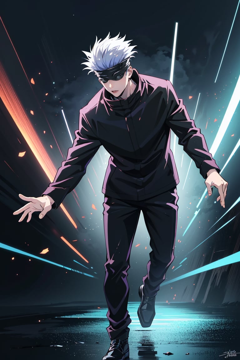 1 boy, Gojo Satoru, full body, black jacket, blindfolded, Jujutsu kaisen, mix of fantasy and realism, special effects, ultra hd, hdr, 4k