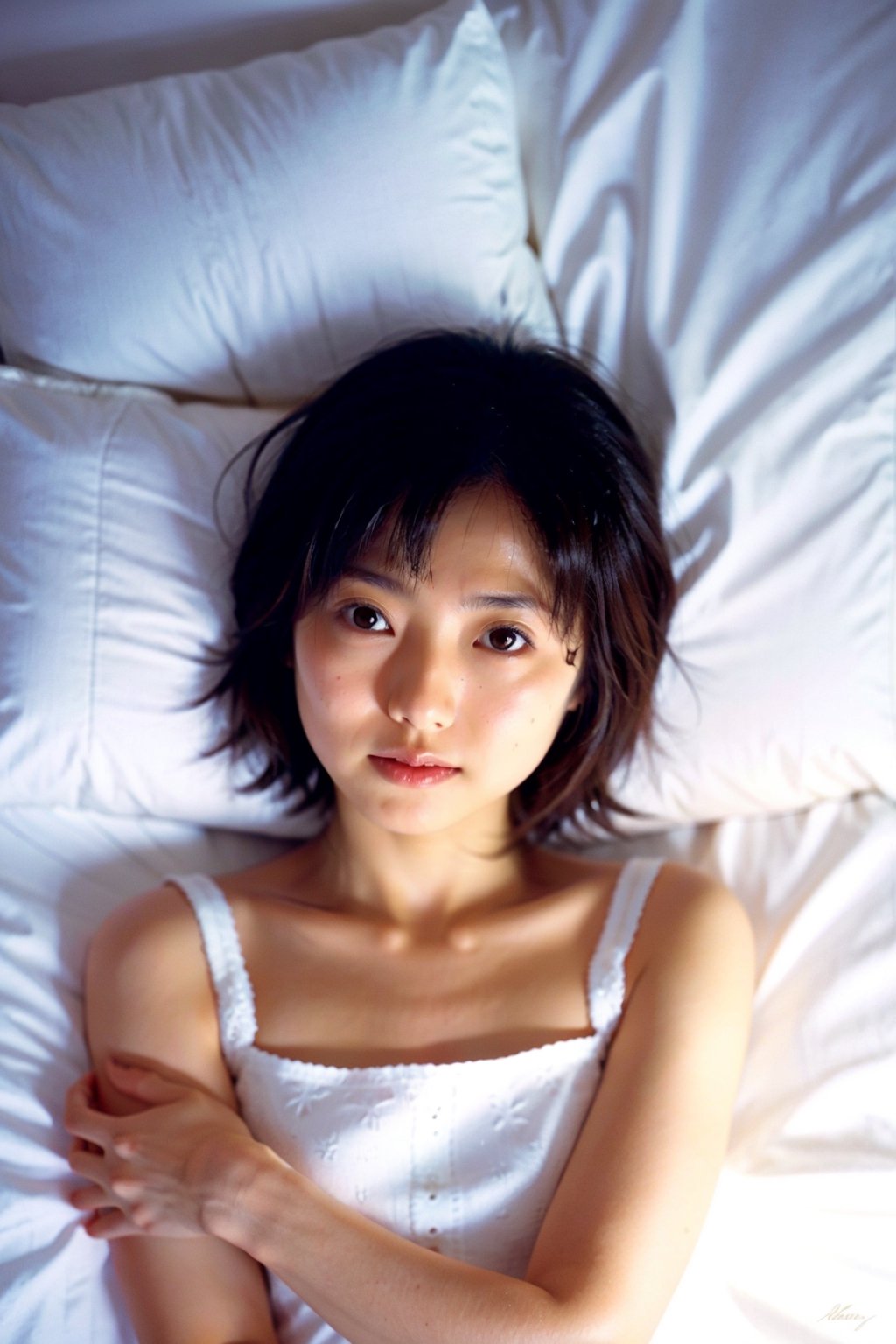 Japanese woman, cute, short hair, white night dress, natural light, (from above:1.1), (luxury bed:1.1) 