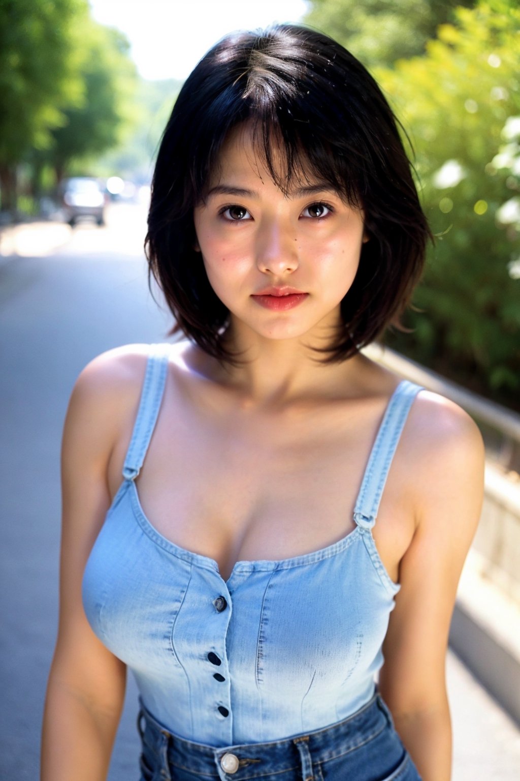 Sexy tank top, short denim pants, cleavage, bokeh