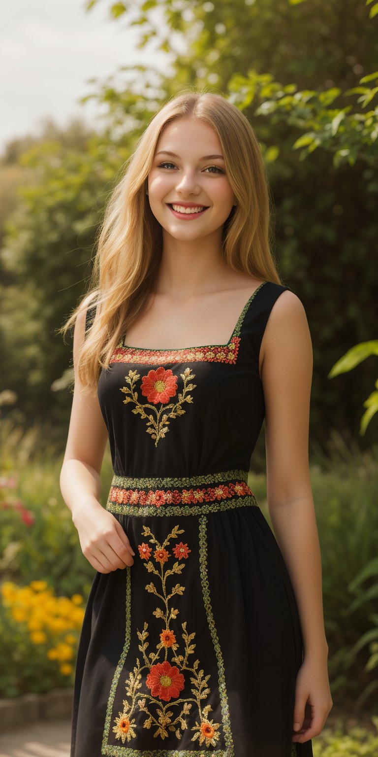 1girl, beautiful young woman, blonde, smiling, (in beautiful Ukrainian national dress embroidery ornament black, red, green), sunny day, botanical garden, realistic