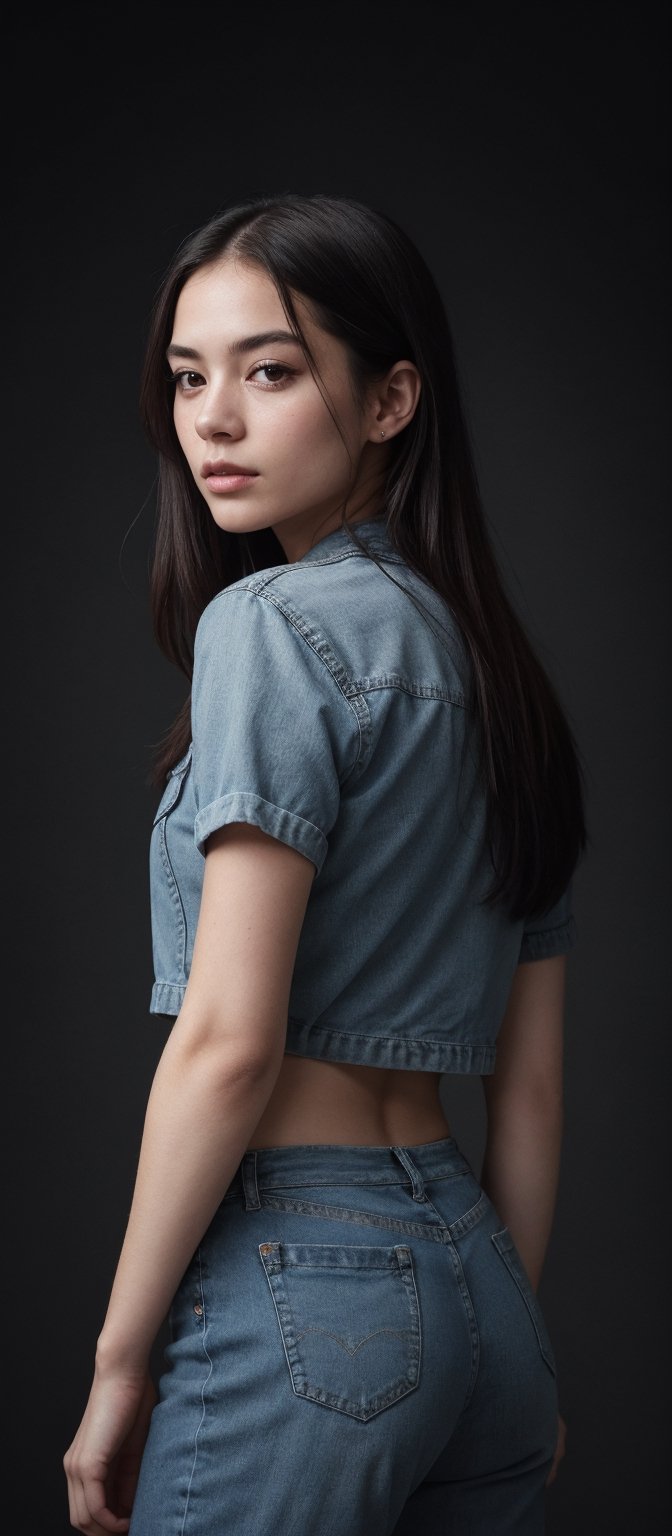 pretty 1girl, long straight black hair, wearing denim cover all fashion, super high quality, real images, lifelike, real skin, soft lighting, Cinematic, (Surrealism: 1.2), (8K UHD: 1.2), (Photorealism: 1.2), Shot with medium format camera, Professional camera, Perfectly Delicate and Rich in Detail, (masterpiece, top quality, best quality, official art, beautiful and aesthetic:1.2), (((1girl))), dynamic pose, extreme detailed,Big bearsts