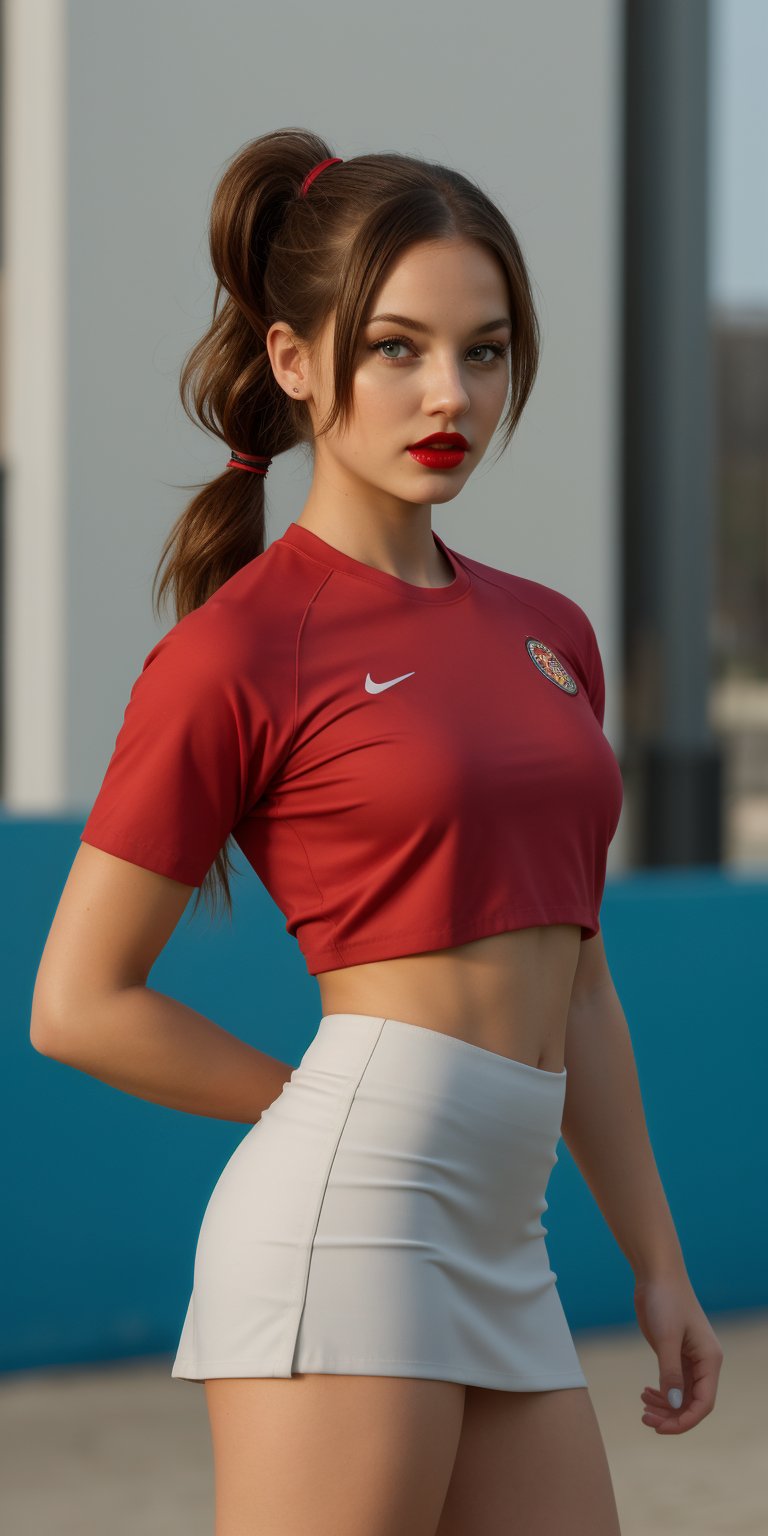 Realisticstyle,Master masterpieces,hyper qualit,Girls in sports,short  skirt, long brown hair, pony tail on top of head, cray eyes, yllow highlights in hair, red lips
