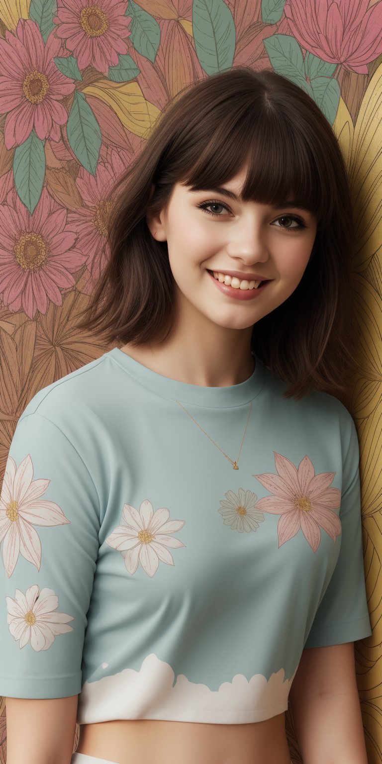 a flat lineart of a young beautiful woman leaning against colorful wall printed botanial patterns at pop-style Private Rooms,kind smile,bangs,messy short-bob,detailed realistic dark clothes,soft tone,only in four colors,a ncg,Illustration