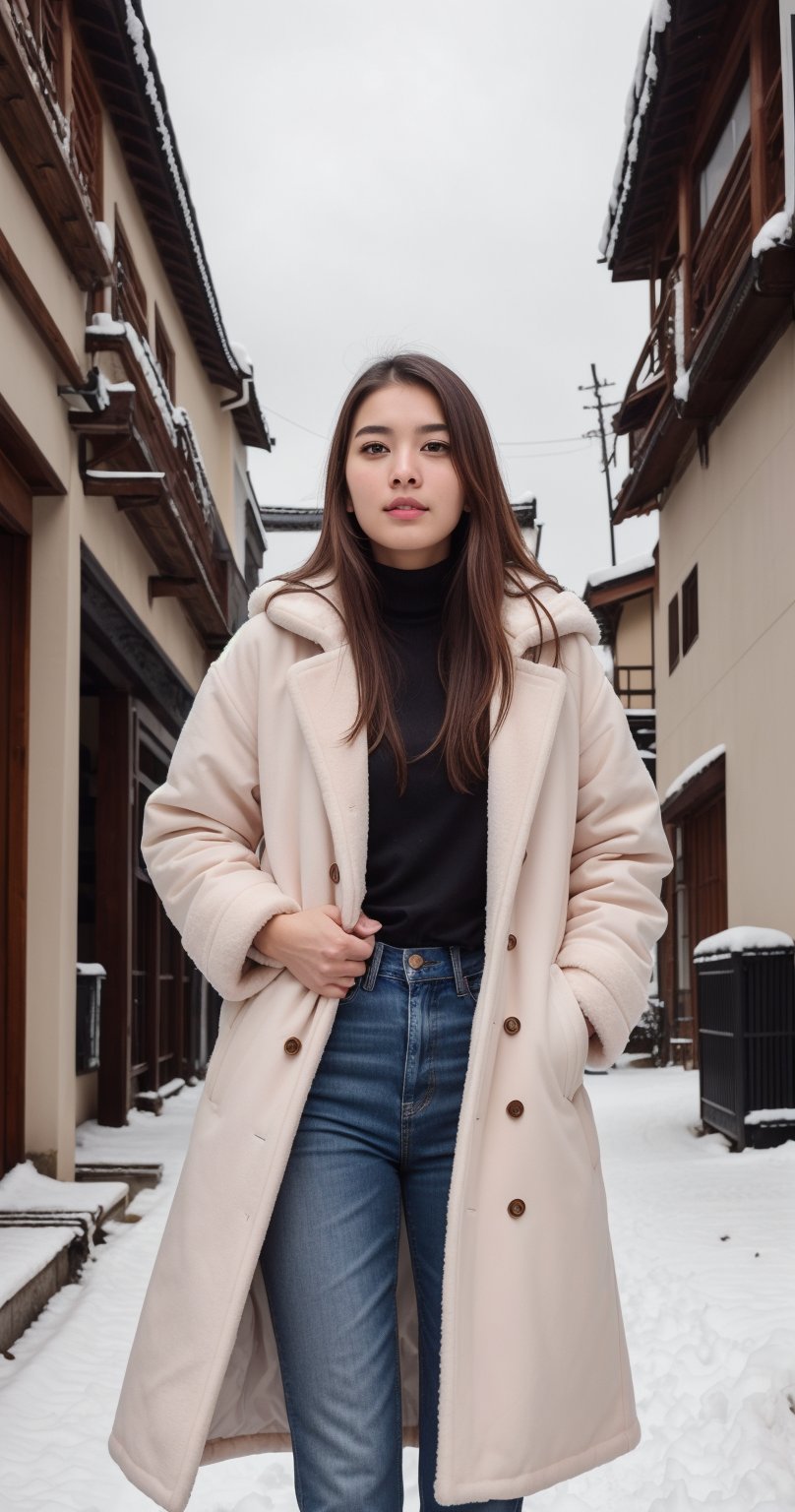 cute girl, long hair, fashion coat, pink winter coat, Jeans, standing looking up at the sky as snow is falling, winter city, cloudy, 4K, ultra HD, RAW photo, realistic, masterpiece, best quality, beautiful skin, white skin, 50mm, medium shot, outdoor, half body, photography, Portrait, ,chinatsumura, high fashion, snowflakes