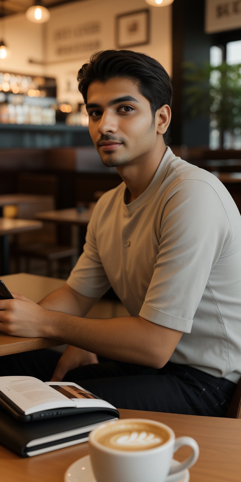 normal man, sitting in a cafe, using smartphone, business, makret ,perfect eyes,perfect face,beautiful eyes, indian skin tone, 8K quality, higher resolution, (beautiful),cinematic,warm,