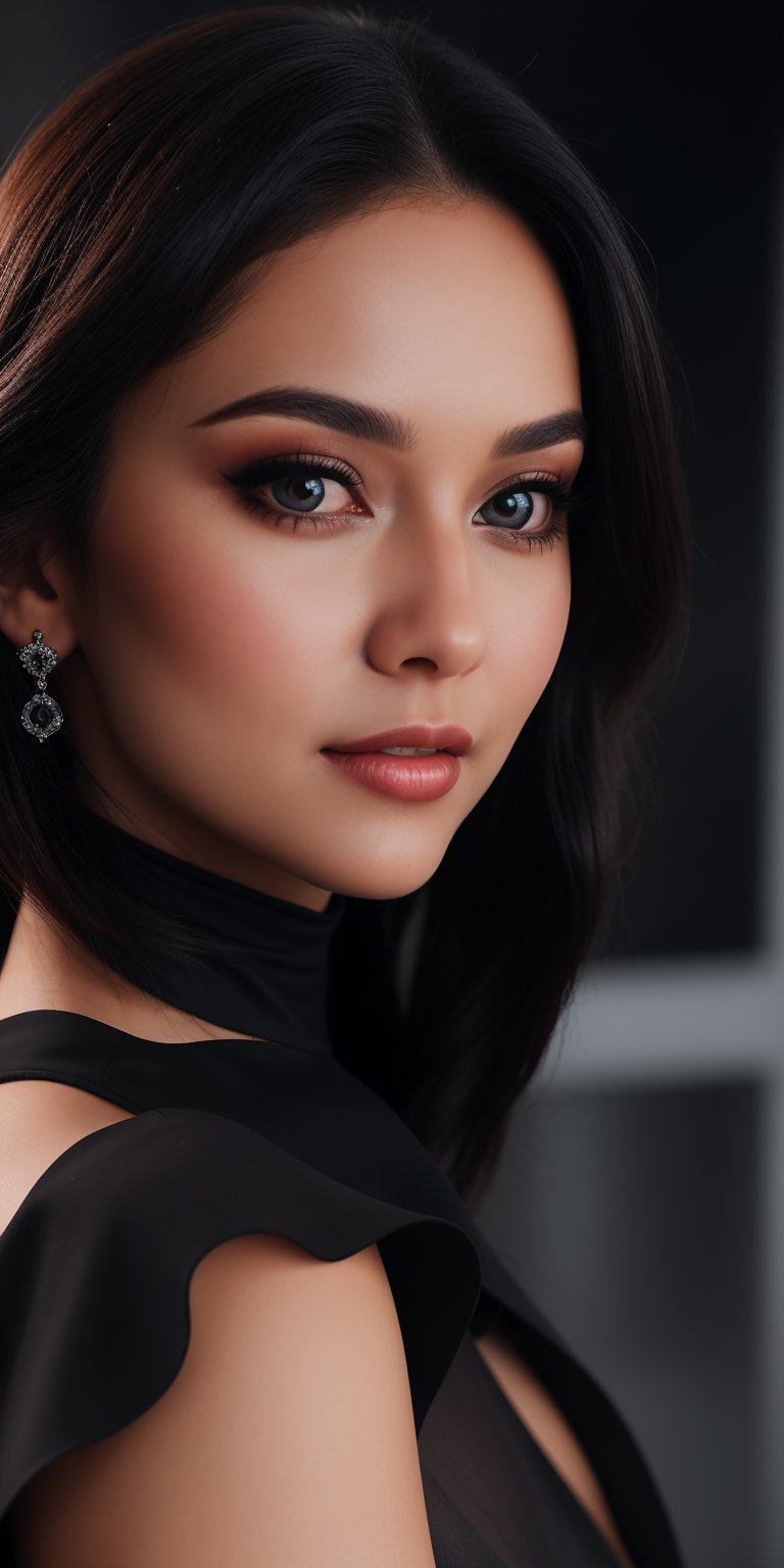 A stunning AI celebrity influencer posing in a black full dress against a vibrant, contrasting background, with long, black hair framing her pretty face and sparkling eyes. The camera captures her unique features up close, as if sharing a secret, with the Canon EOS camera's 8K sensor rendering every detail in breathtaking high resolution.