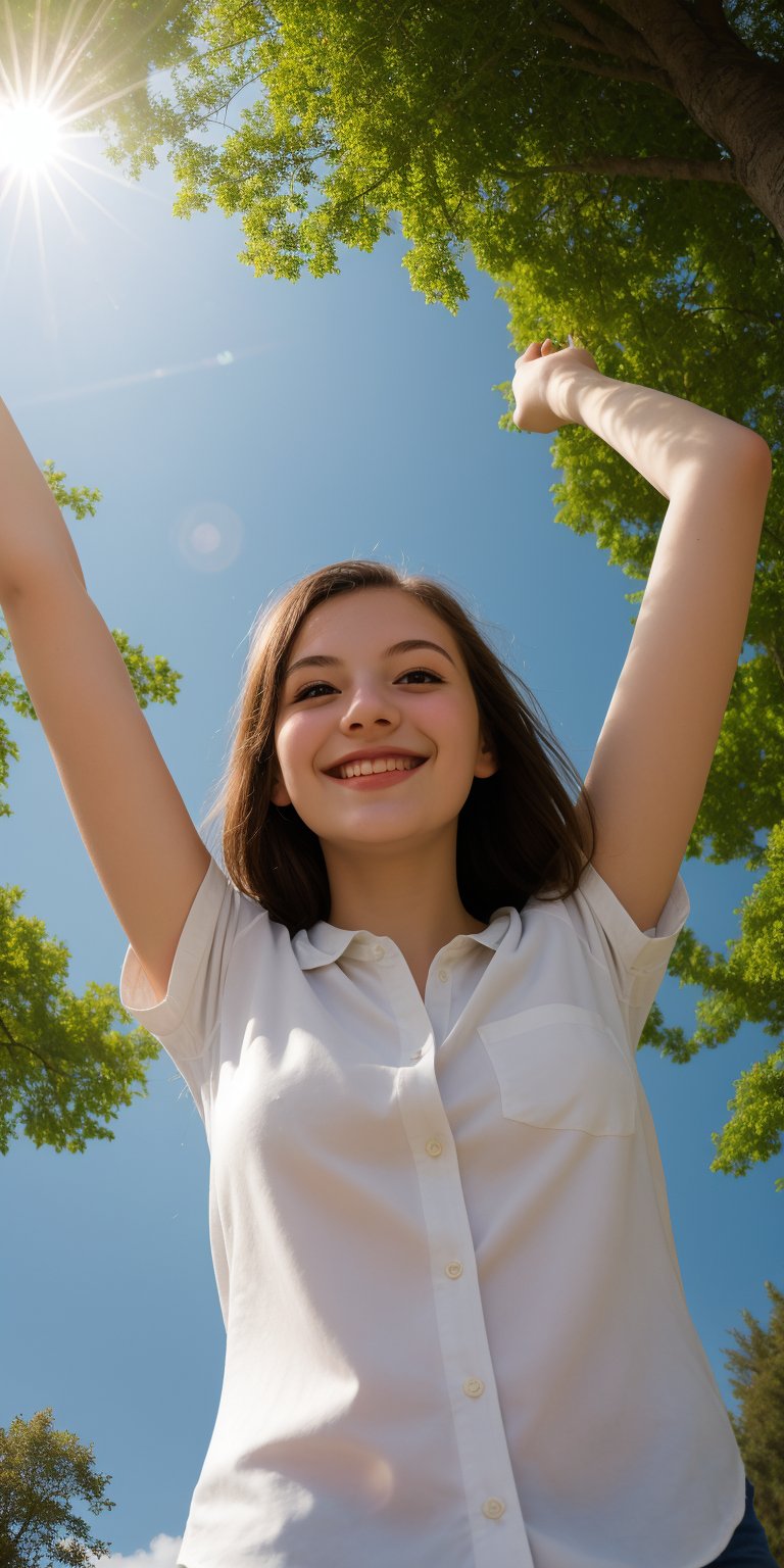 Masterpiece, top quality, high definition, artistic composition, 1 girl, upper body, composition from below, smiling, cotton shirt, looking at me, blue sky, sunlight through trees, casual, portrait, warm, reaching out