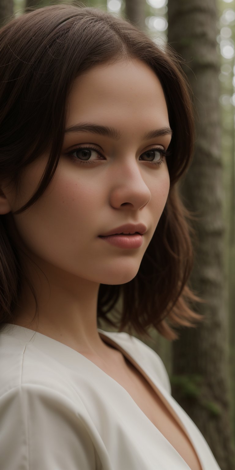 close up full portrait of woman, brown hair, forest background, realist, best detailed, details, realist skin, skin detailed, natural skin texture, 24mm, 4k textures, soft cinematic light, RAW photo, photorealism, photorealistic, intricate, elegant, highly detailed, sharp focus, ((((cinematic look)))), soothing tones, insane details, intricate details, hyper detailed,1girl