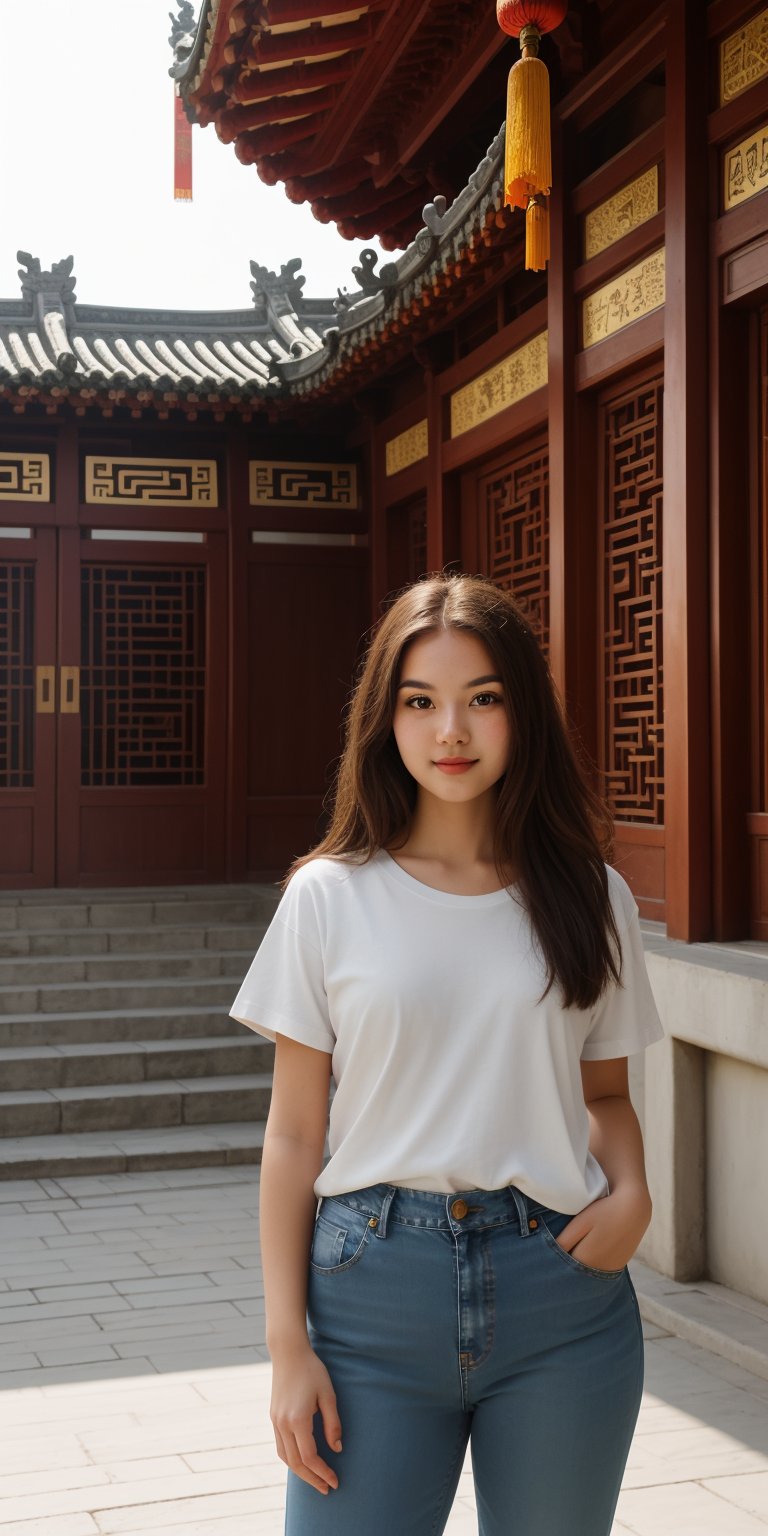 A beautiful girl with long  brown hair and brown eyes, wearing casual jeans and a white T-shirt, holding a camera, wandered around the Chinese palace, capturing the beauty and sacredness of ancient buildings.