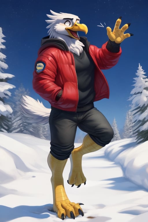 anthro eagle, male, full body, portrait, yellow talons, yellow legs, thin toes, wide spread toes, bomber jacket, winter, one leg up, shocked