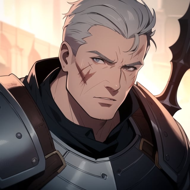 masterpiece, dramatic lighting, grey hair, asymmetrical bob, round ears, human, old male, parted lips, hand in hair, vox machina style, chubby, mid age, leather armor, warrior, spear, closeup, scars, muscular