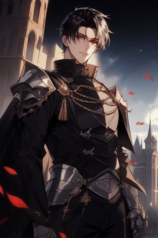 Tall,  handsome young man, red eyes,black hair, ,  medieval, powerful,viewed_from_below,  short hair, 20 years old,villain,duke,  silver armor medieval,levi ackerman hairstyle,castle,at 12 pm