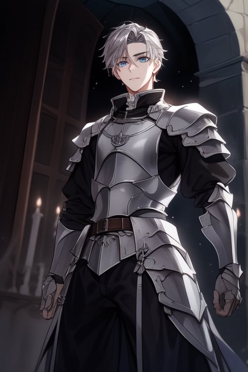 Tall,  handsome young teenage,  blue eyes, dark silver hair, ,  medieval, powerful,viewed_from_below,  short hair, 18 years old,  silver armor medieval,levi ackerman hairstyle,castle
