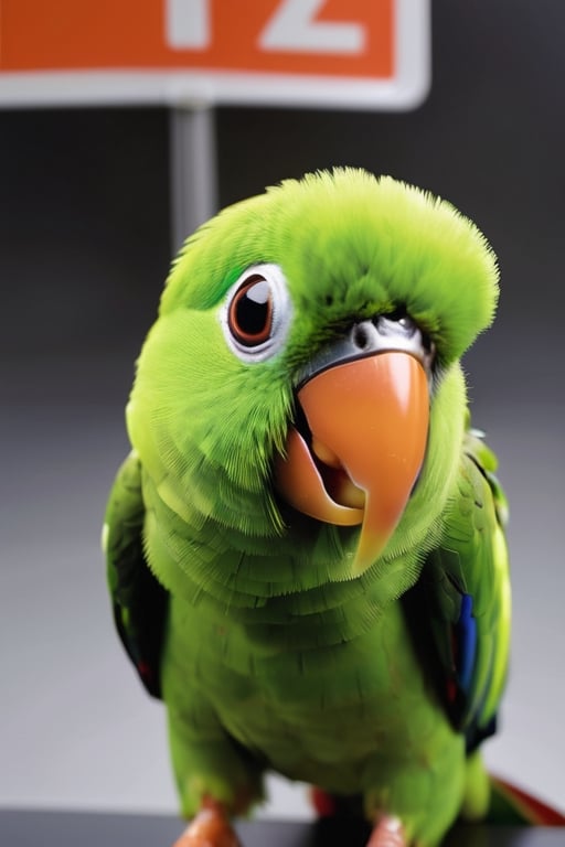 A cute green parrot holds a sign that says "click the orange button"