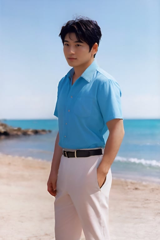 japanese idol 80s, 1boy, solo, looking to the side, perfect hands, beach shirt, pants, short hair, standing, 1man, background sky,male