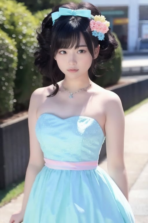 japanese idol 80s, 1girl, solo, looking at viewer, full body, perfect hands, pastel blue dress, black hair, medium hair, standing, hair ornament, Extremely Realistic