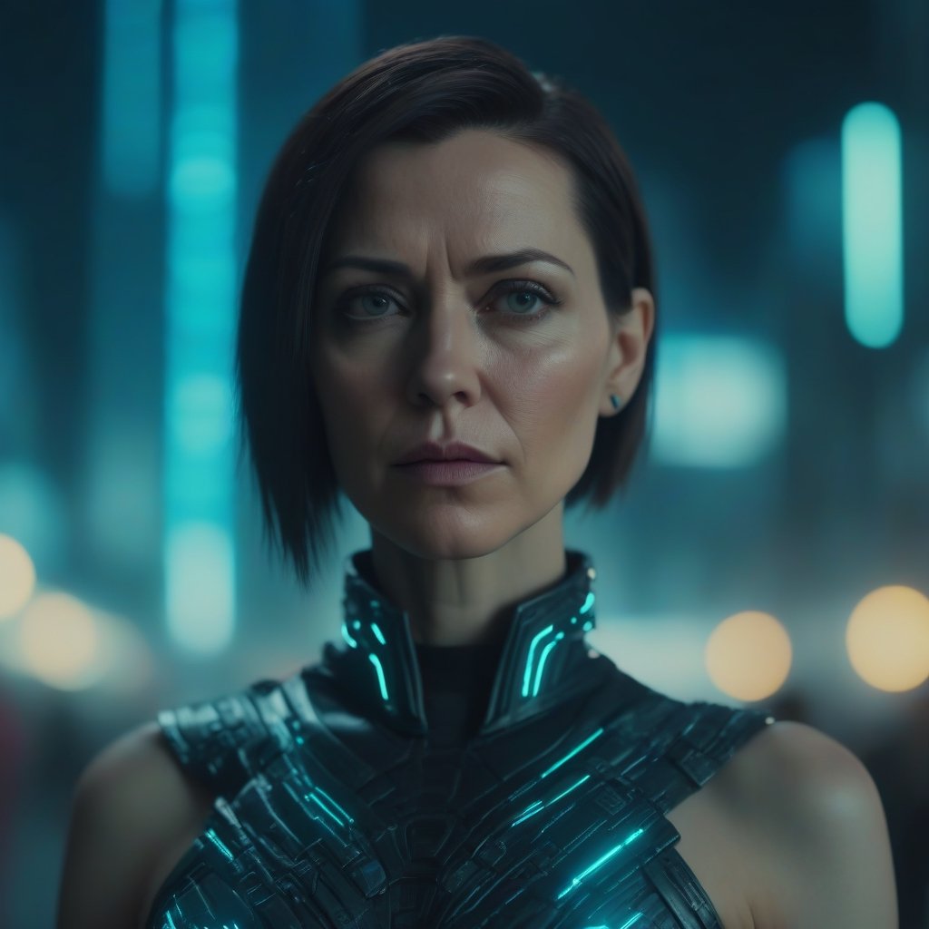 mid-shot of A soft beautiful woman in her mid 30s with a serious face, wearing a cyberpunk dresses ,  in a futuristic cyber city, standing, bloom, Bokeh, masterpiece, photo realistic, sharp focus, highly detailed, 4k, stunning.