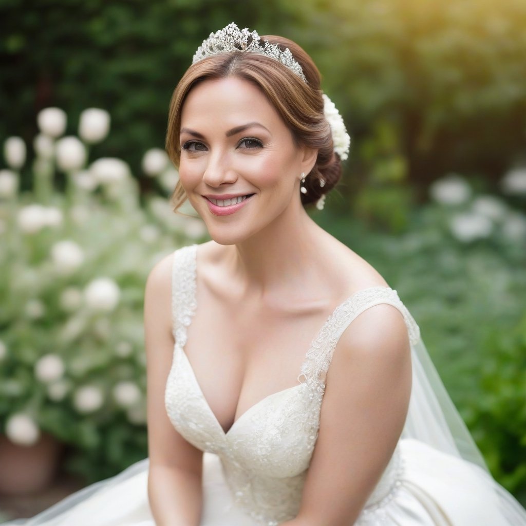 potrait of A soft beautiful woman in her mid 30s with a beautiful smiling face, wearing bridal dress and make up,  in a garden, sitting, position for the camera, bloom, Bokeh.