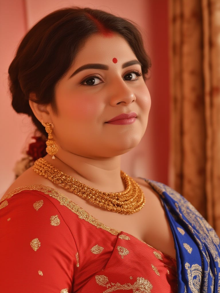 Extremely Beautiful, Sexy, Mild Chubby BENGALI MOTHER in her mid 30s, Busty, wearing wedding jewellery, posing, looking at the viewer, in the bedroom, masterpiece, uhd, best quality, shot with canon 70 mm lens, realism.